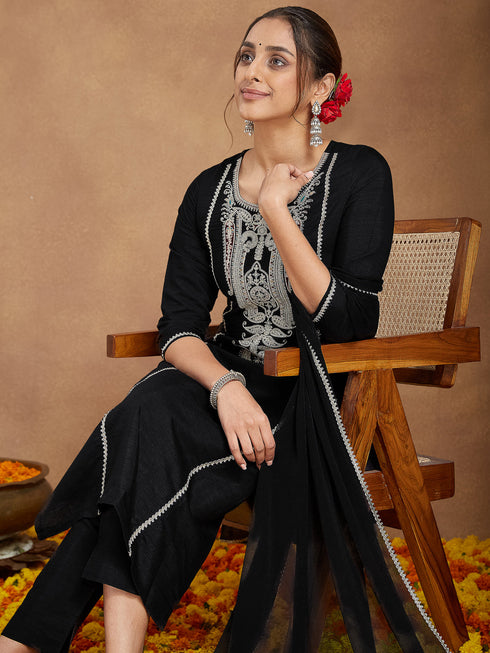Janasya Women's Black Silk Blend Embroidered Straight Kurta Set